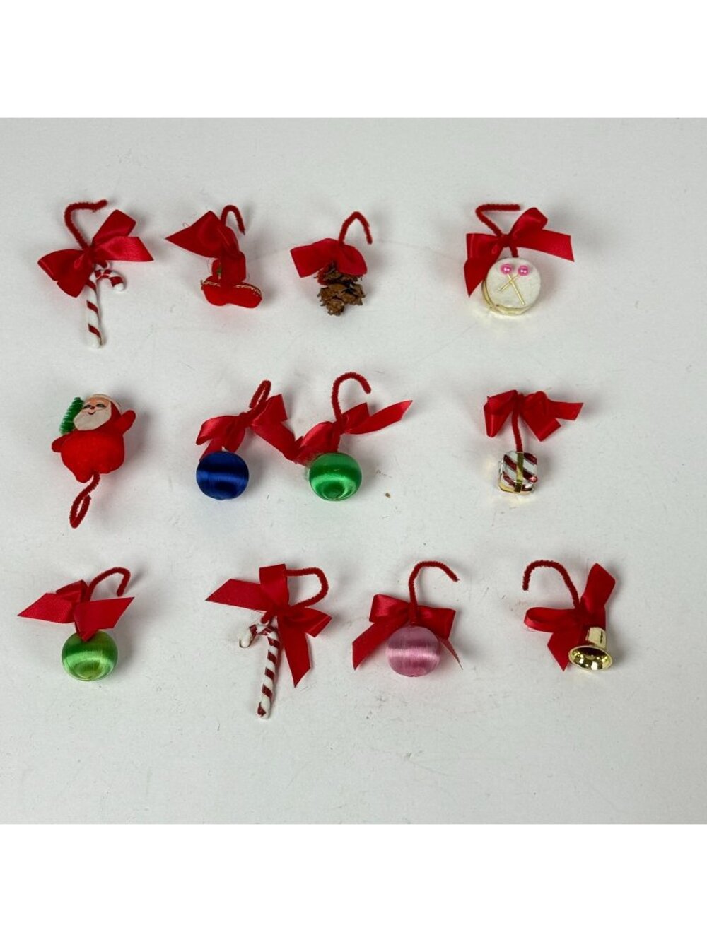 Miniature festive Christmas Ornaments 12 Pieces Red Bows, Candy Cane, Santa
